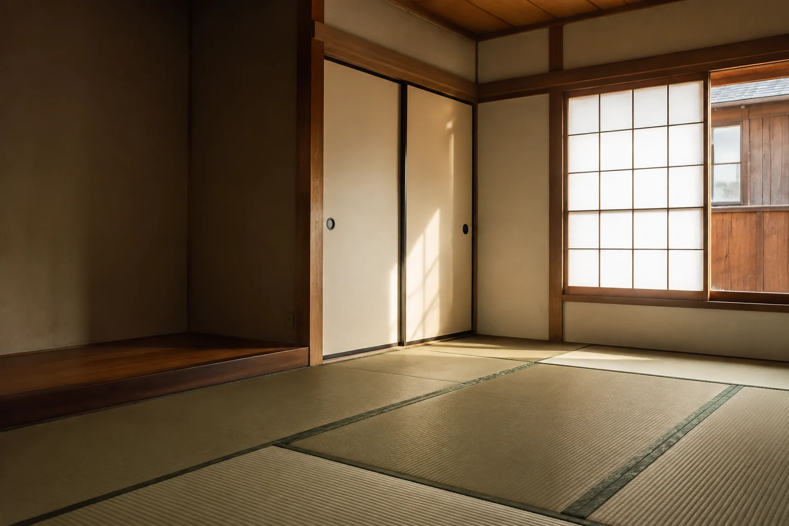 夕方のやわらかな光が差し込む、張り替えたばかりの畳の和室